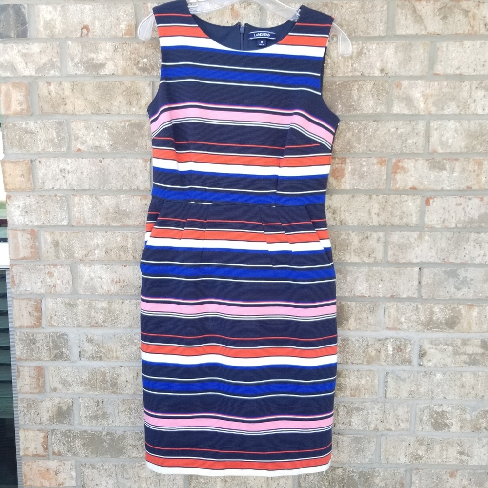 Lands End Sleeveless Stretch Sheath Dress (Size 8) Navy Multi Stripe W/ Pockets